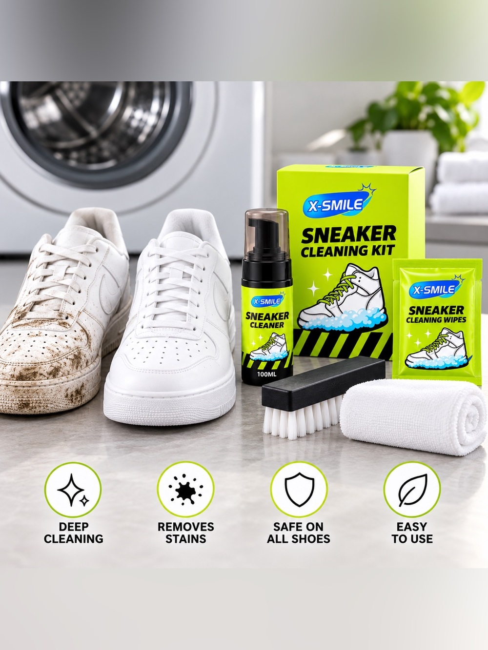 X-SMILE Sneaker Shoe Cleaner Kit 100ML w/ Brush Microfiber Towel Wet Wipes